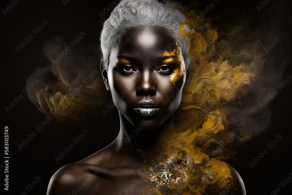 Young African American model with silver and gold makeup and body art on a black background with smoke. generative AI Young African American model with silver and gold makeup and body art on a black background with smoke. generative AI
