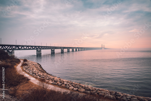 Photography The Oresund Bridge is a combined motorway and railway bridge between Sweden and Denmark (Malmo and Copenhagen)