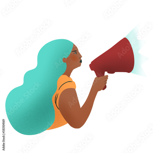 Ilustraci√≥n de mujer joven con meg√°fono rojo. Concepto de comunicar mensaje, anunciar, gritar, o comunicar; alerta de advertencia o cuidado, concepto de mensaje photo