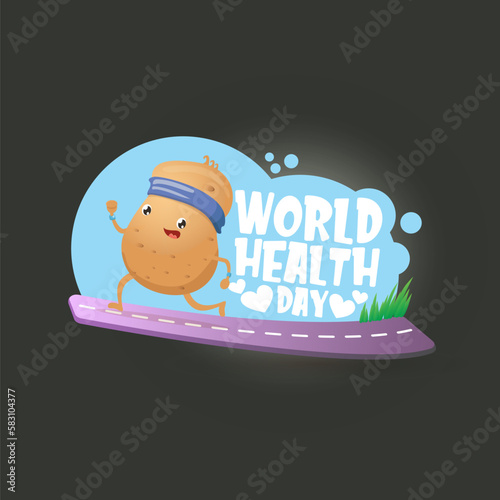 World health care day vector illustration with cartoon funky potato character running or jogging outdoor. Cute sporty healthy vegetable character making cardio sport exercise. Fitness cardio concept