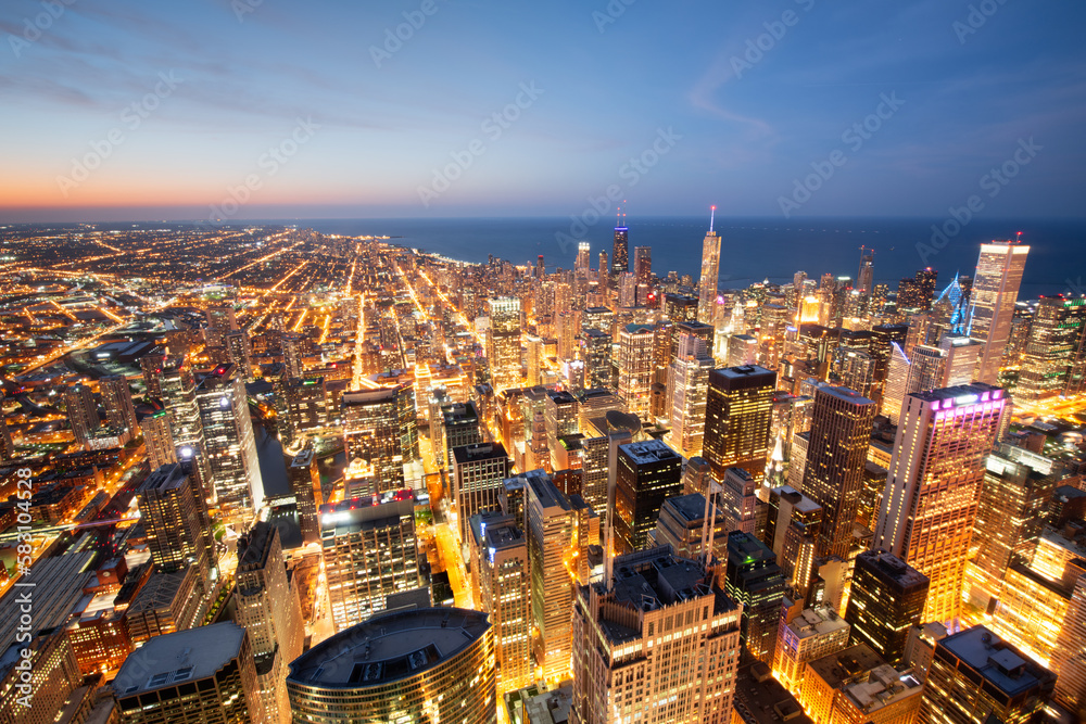 Fototapeta premium Chicago, Illinois USA aerial skyline towards Lake Michigan just after sunset.