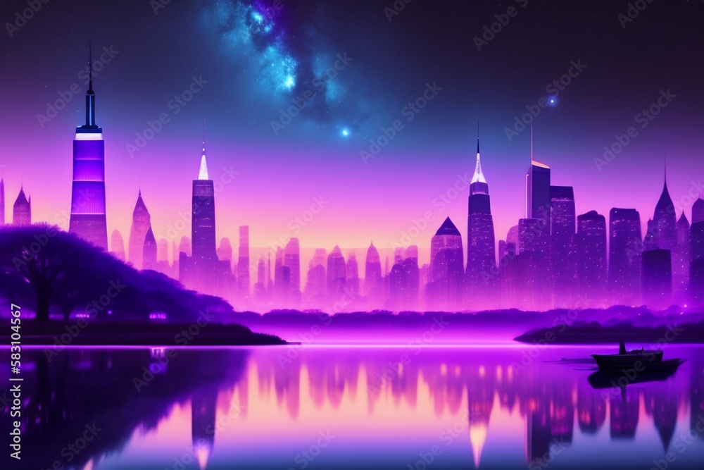 Beutiful roxo noite estrelada, arte conceitual, 4 k, poeira leve, cidade de Nova York , ilustração