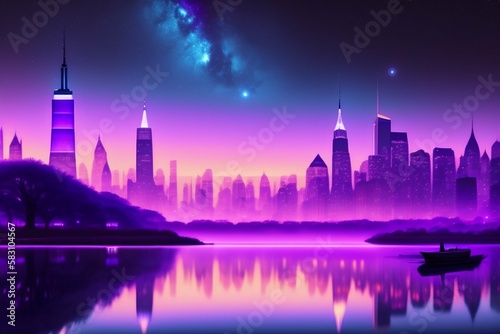 Beutiful roxo noite estrelada, arte conceitual, 4 k, poeira leve, cidade de Nova York , ilustração