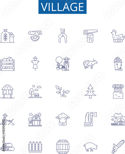 Village line icons signs set. Design collection of Village, Hamlet, Settlement, Rural, Township, Community, Locale, Farmland outline concept vector illustrations