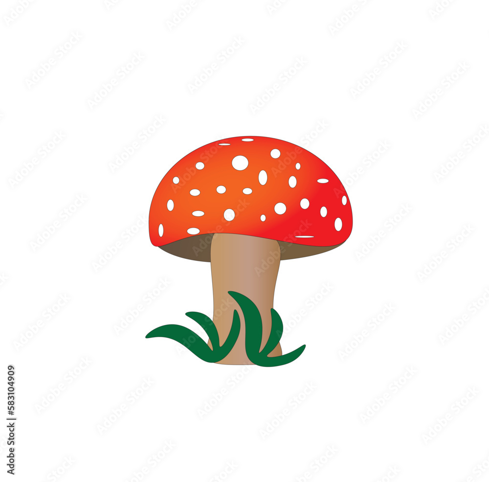 Fly agaric mushroom with green sprouts near the trunk. Vector illustration of cartoon mushroom isolated on white background Fly agaric mushroom with green sprouts near the trunk. Vector illustration of cartoon mushroom isolated on white background