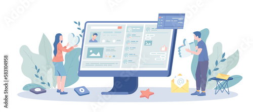 Social Network. Virtual Online Communication. Users browsing feeds, post photos, like, comment. Vector illustration with character situation for web.