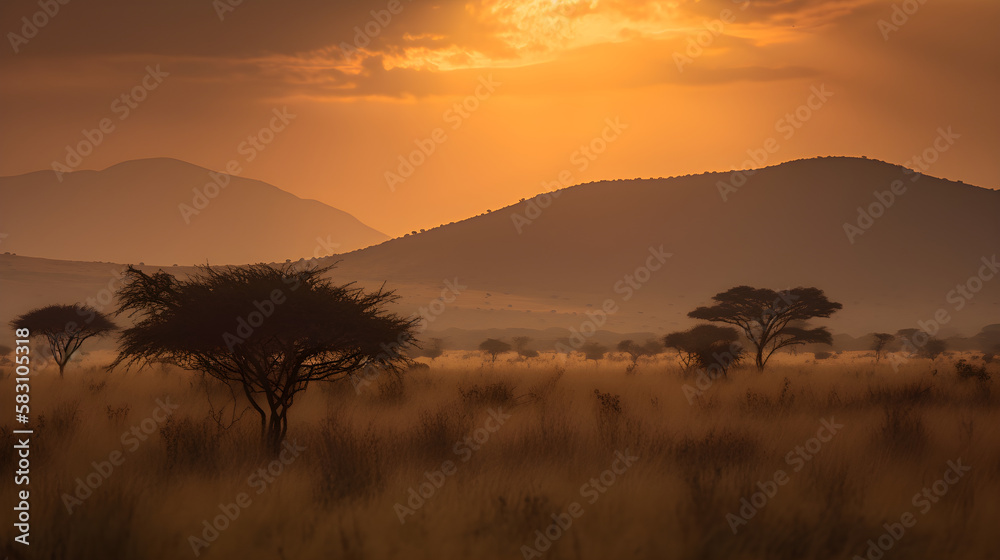 African plains at sunset generative ai