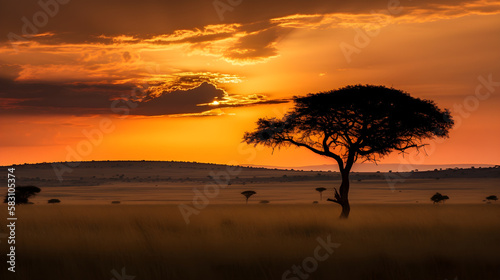 African plains at sunset generative ai © Matt