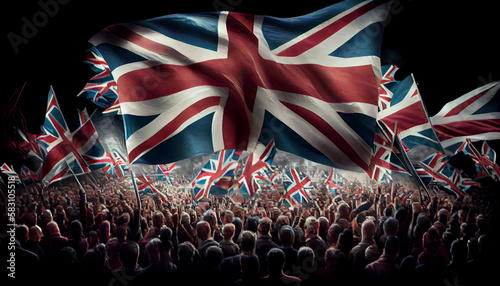 Union Jack flags and crowds outdoors