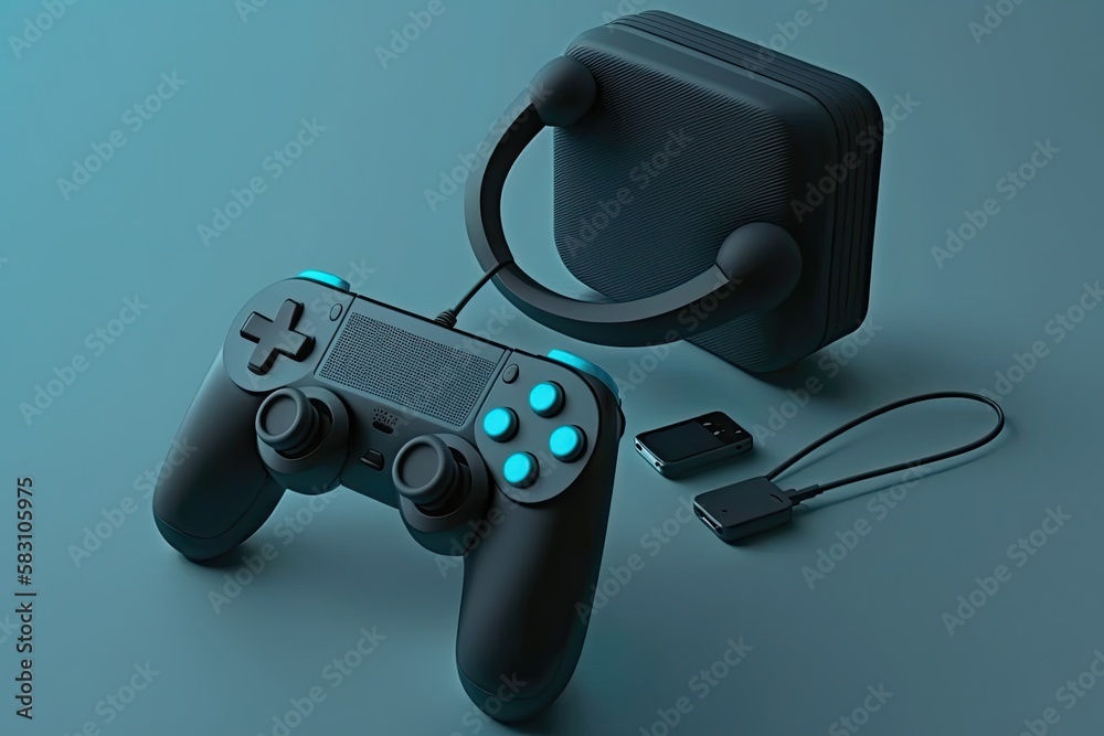 video game controller and joystick and headphone on white background Generative AI video game controller and joystick and headphone on white background Generative AI