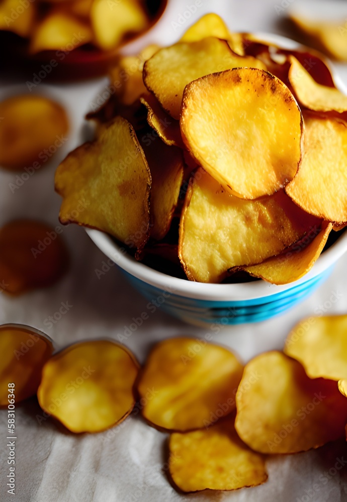delicious dried sliced potato chips on table on kitchen background