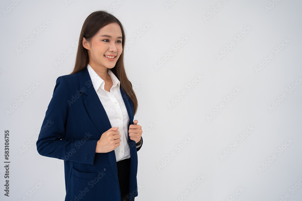 Portrait of smart and happy young thoughtful Asian business women think for new ideas on isolated white background. Concept of advertising marketing and product placement. Portrait of smart and happy young thoughtful Asian business women think for new ideas on isolated white background. Concept of advertising marketing and product placement.
