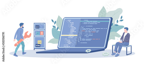 Programming Software. Developer team working with programming code on laptop. Backend development concept. Vector illustration with character situation for web.
