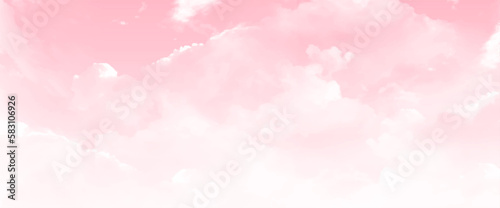 View of the pink sky and white clouds. Pink sky background with soft delicate white clouds. Copy space. Romantic background