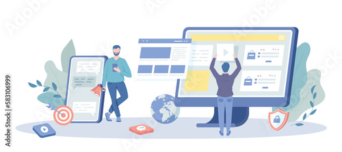 Digital Marketing Concept. Marketing Strategy for website and mobile website, content promotion on Internet and social media. Vector illustration with character situation for web.