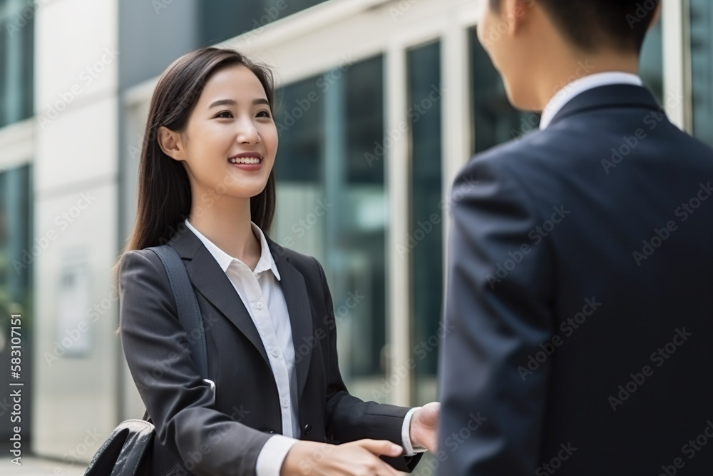 Two young business people shaking hands, one of which is wearing a suit. Generative AI Two young business people shaking hands, one of which is wearing a suit. Generative AI