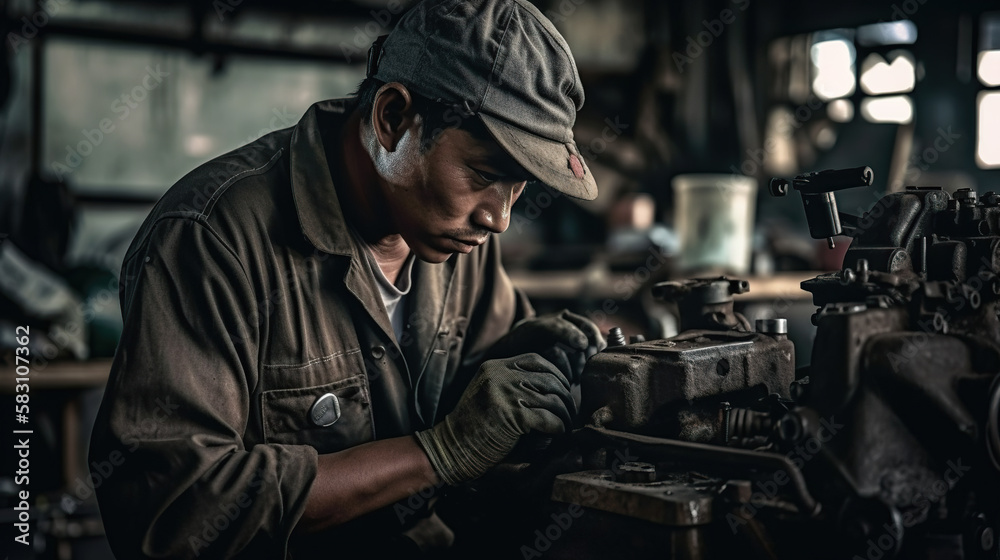 A asian man working on a piece of metal, Generative AI A asian man working on a piece of metal, Generative AI