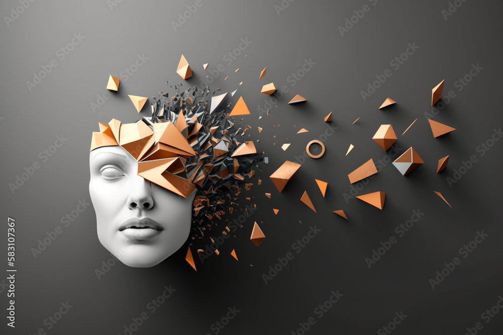 Woman's head on the wall with exploding geometric shapes flying in