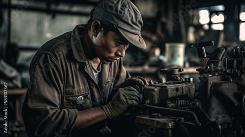 A asian man working on a piece of metal, Generative AI