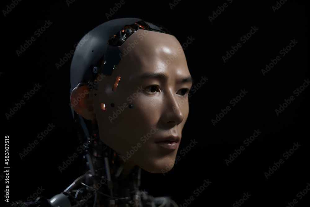 A head of a robot with the human face, Generative AI A head of a robot with the human face, Generative AI