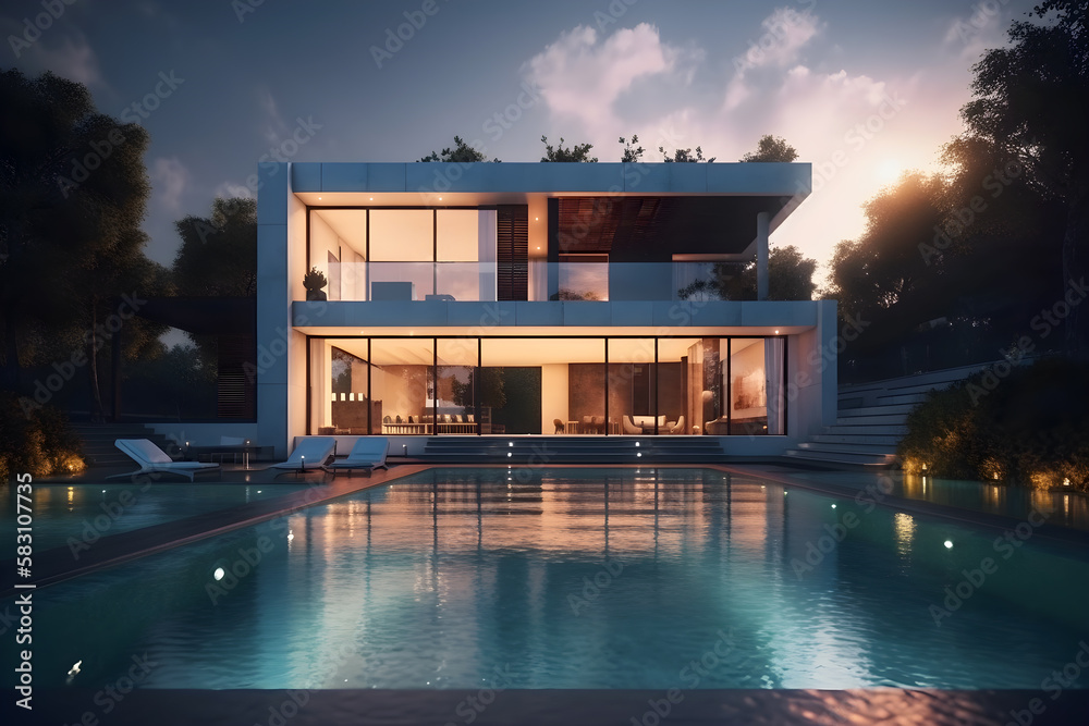 Modern luxury villa with swimming pool at sunset - Generative AI - obrazy, fototapety, plakaty 