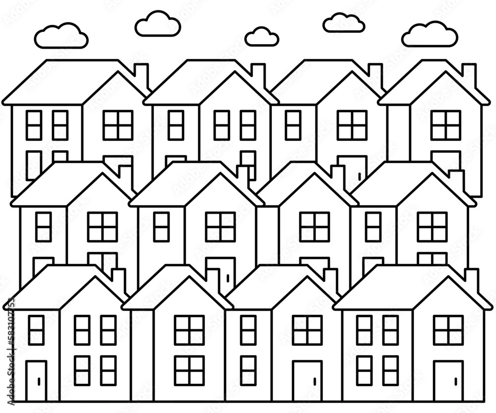 Neighborhood house pattern, line art. Street building, real estate architecture, apartment. Facade home in country city landscape. Vector illustration