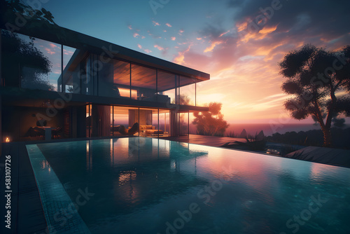 Modern luxury villa with swimming pool at sunset - Generative AI © HeGraDe