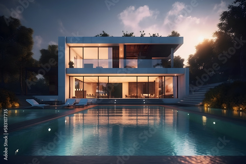 Modern luxury villa with swimming pool at sunset - Generative AI