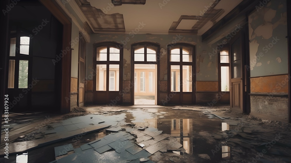 3d rendering of old building interior with windows and floor reflection.