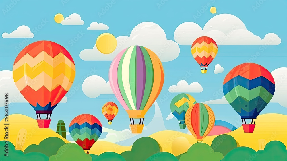 Fototapeta premium Illustration of hot air balloon festival banner. Generative AI