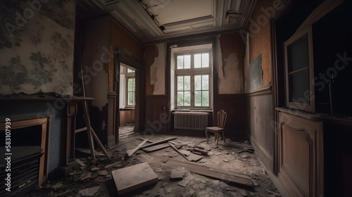 Interior of an old abandoned house with broken walls and windows.