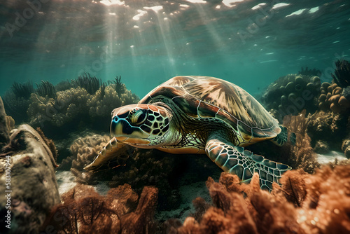 Turtle swimming underwater at coral reef - Generative AI © HeGraDe