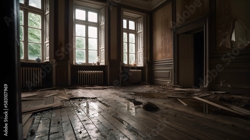Interior of an old mansion with broken windows and dirty floors.