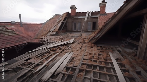Old house with a broken roof, a panoramic view from above.