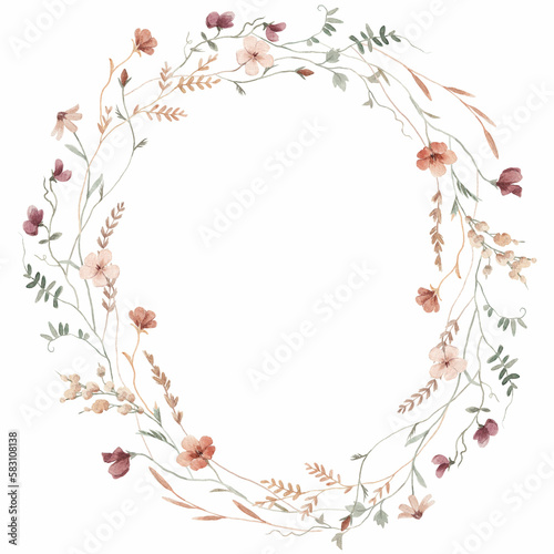 Beautiful floral frame with hand drawn watercolor wild herbs and flowers. Stock illustration.