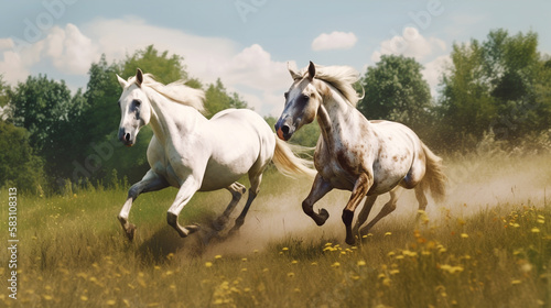 Two white and brown horses running in a field  Generative AI