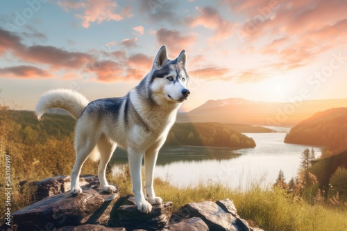 Siberian Husky Dog Standing on a Hill at Sunset with Beautiful View Over a Lake and Forest