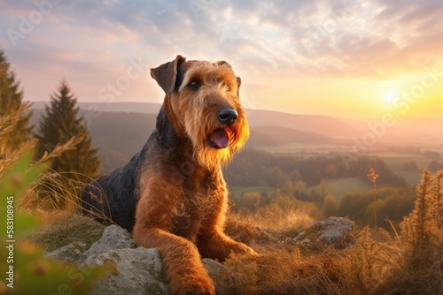 Airedale Terrier Dog Lying in Grass on a Hill at Beautiful Sunset in the Nature
