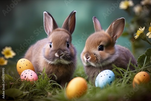 Happy Easter bunny with many pastel color Easter eggs. Generative AI.