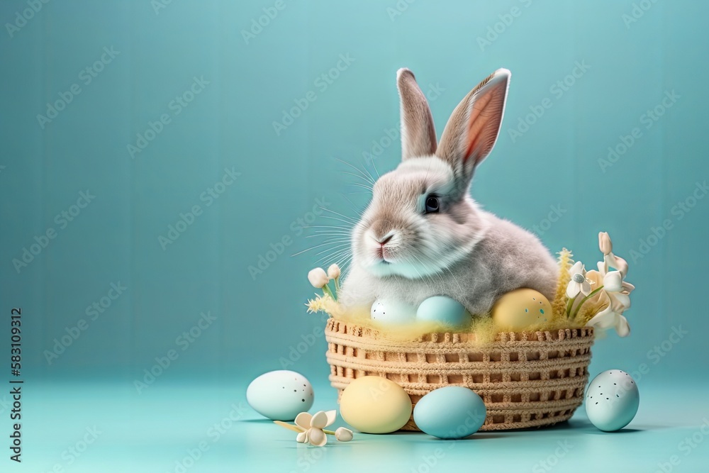 Happy Easter bunny with many pastel color Easter eggs. Generative AI.