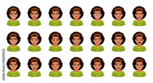 Facial expression of a beautiful little girl in a green sweater. Set of different emotions of a cute black child. Smile, happiness, anger, joy, surprise, fear, etc.