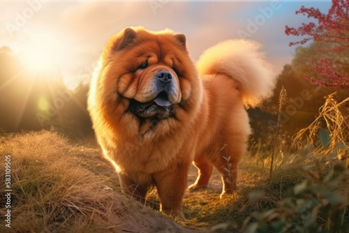 Cute Chow Chow Dog Standing on Meadow at Sunset