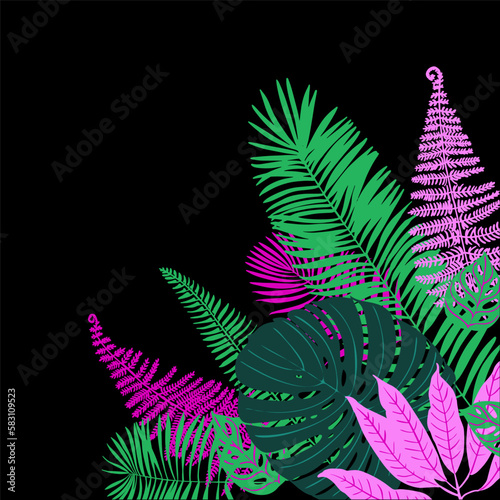 Green and pink tropical trendy leaves and flowers. Black background graphic plants. 