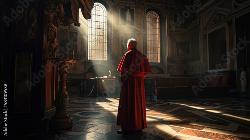 Photo A cardinal in a christian church looking through the window, volumetric lights,
