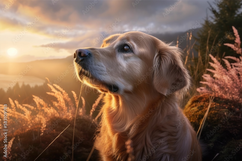 Cute Labrador Retriever Dog Views of Sunset in Nature Cute Labrador Retriever Dog Views of Sunset in Nature
