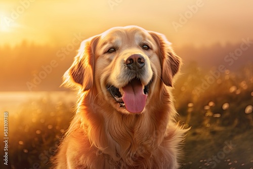 Cute Labrador Retriever Dog Sits Happily on Meadow at Sunset