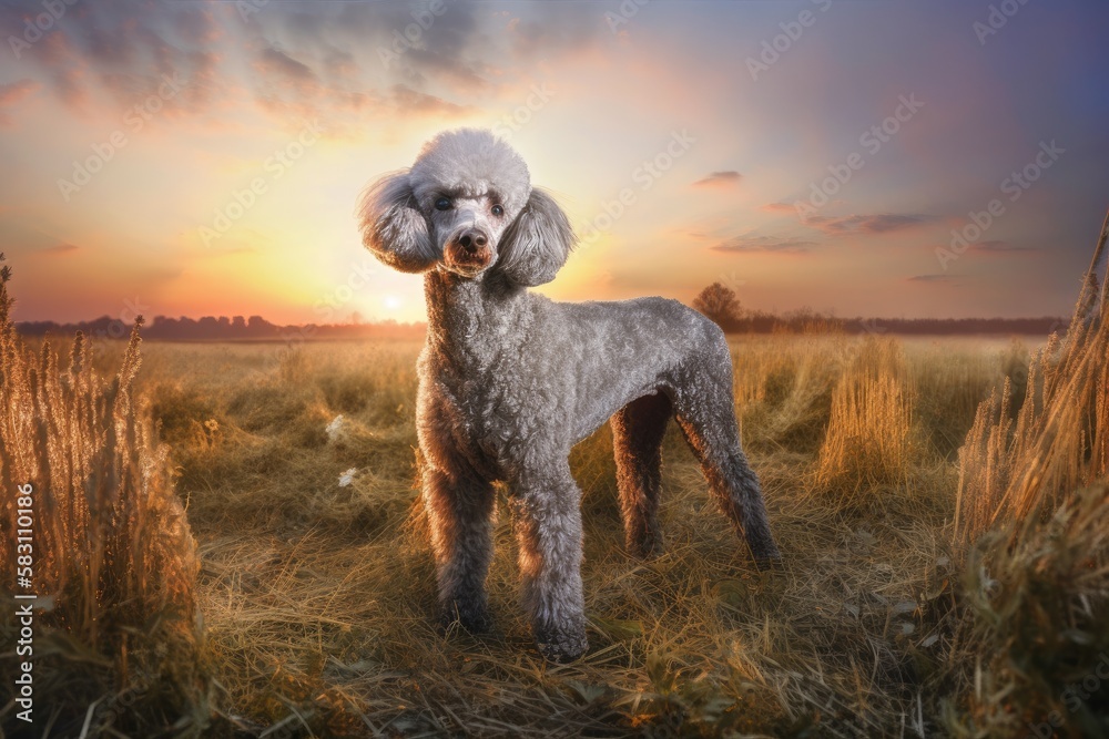 Poodle Dog Standing on Meadow at Sunset Poodle Dog Standing on Meadow at Sunset