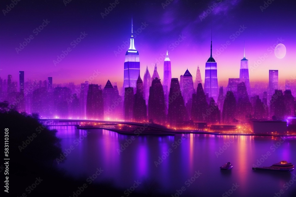Beutiful purple stary night, concept art, 4 k, light dust, new york city, illustration