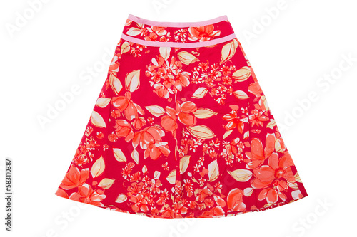 Top view of colorful skirt in floral pattern isolated on white background