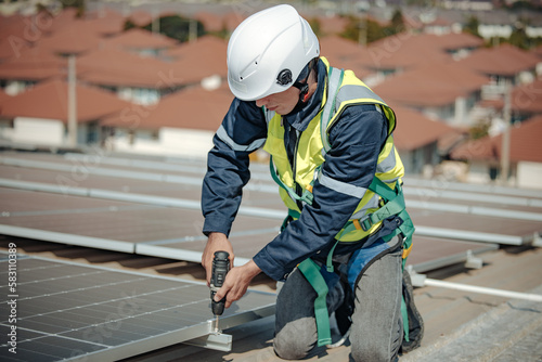 Electromechanical solar panel technician install, assemble photovoltaic systems on roof based on site assessment and schematic design. Energy efficiency efforts promote future sustainable development.